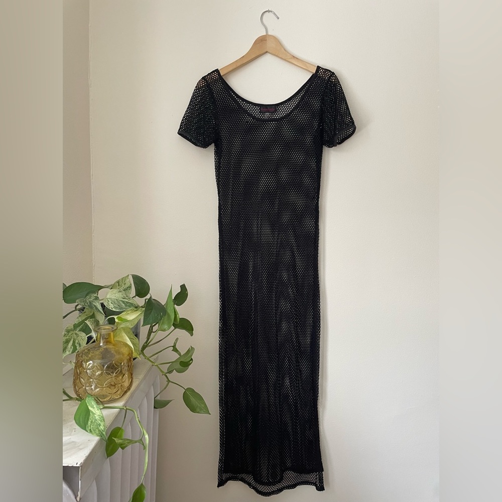 Mesh short-sleeved maxi/midi dress with side slits